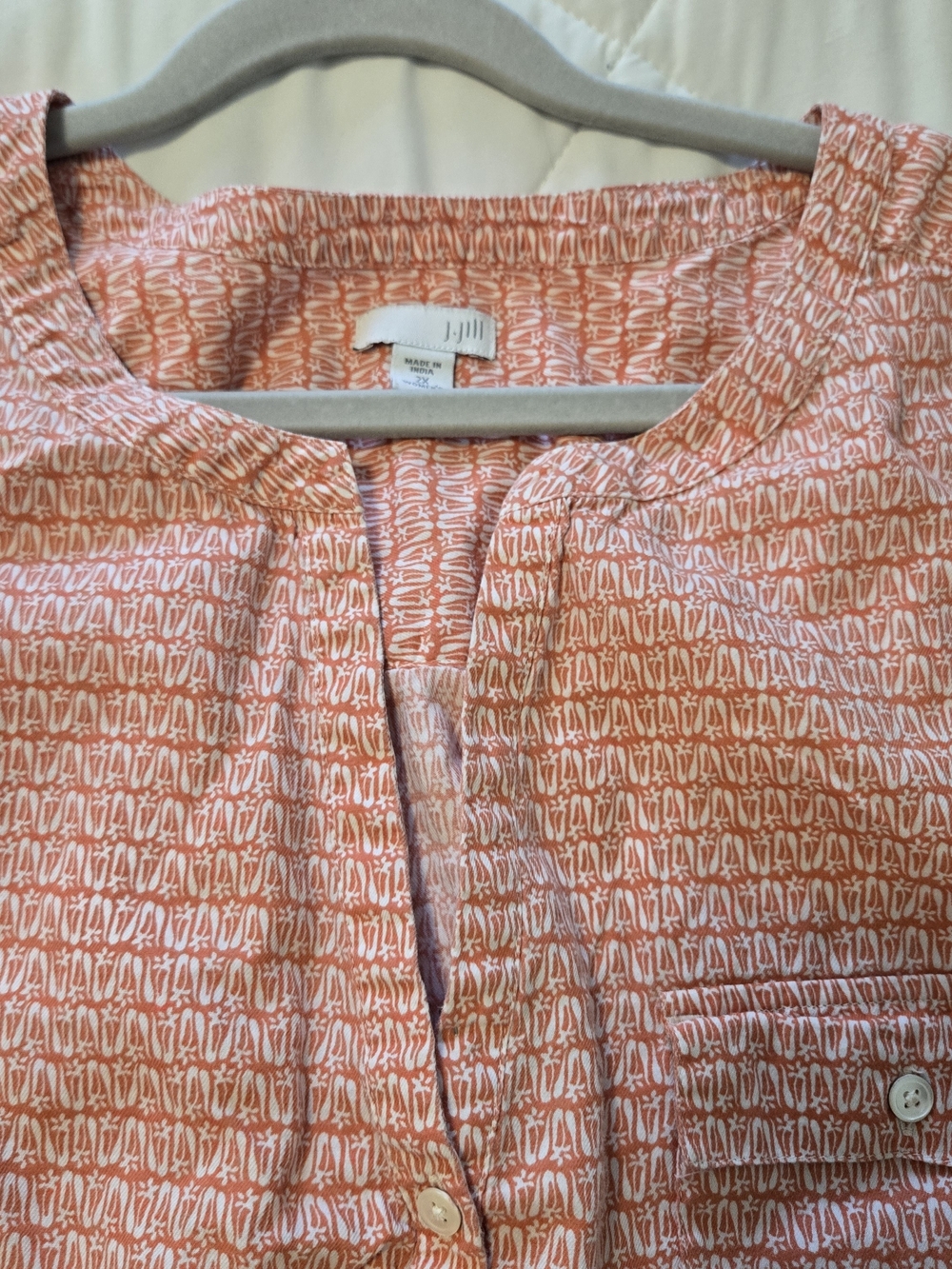 J. Jill Coral Geometric Print Popover Tunic Blouse 100% Cotton Size 2x - Picture 6 of 12
